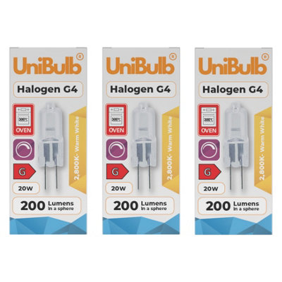 Unibulb Halogen G4 200Lm 20W 2800K (Warm White) Capsule Dimmable Light Bulbs For ChandeliersLamps& OvensPack Of 3 from B&Q
