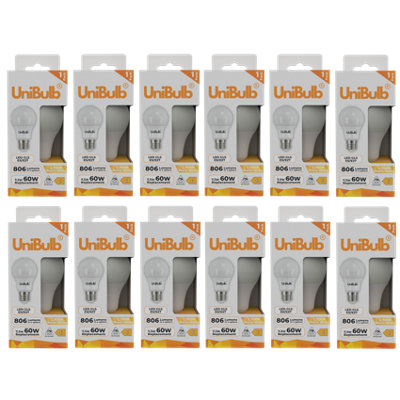 Unibulb Led Gls E27 (Es) 806Lm 7.3W (Replaces 60W) 2700K (Warm White) Light BulbPack Of 12 from B&Q