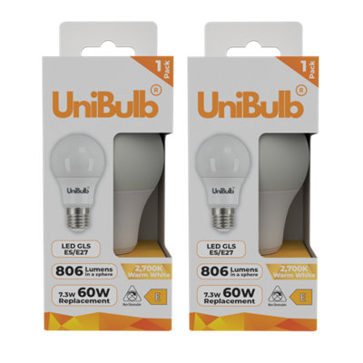 Unibulb Led Gls E27 (Es) 806Lm 7.3W (Replaces 60W) 2700K (Warm White) Light BulbPack Of 2 from B&Q