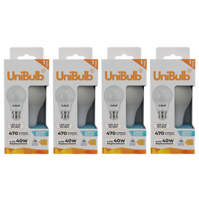 Unibulb Led Gls B22 (Bc) 470Lm 4.2W (Replaces 40W) 6500K (Daylight) Light BulbPack Of 4 from B&Q