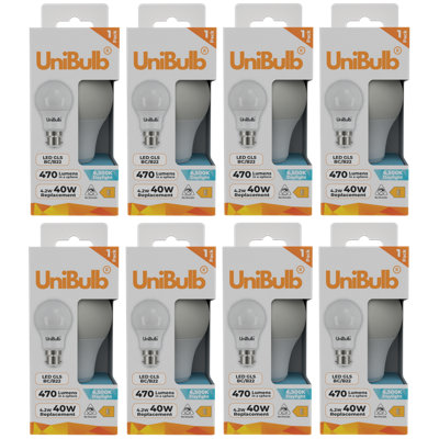 Unibulb Led Gls B22 (Bc) 470Lm 4.2W (Replaces 40W) 6500K (Daylight) Light BulbPack Of 8 from B&Q