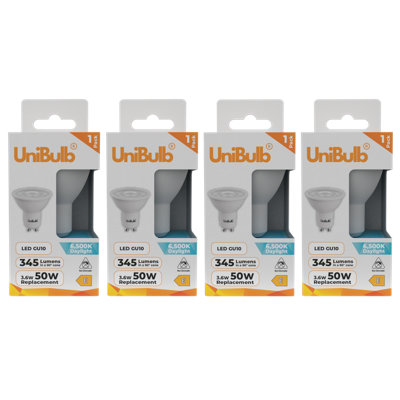Unibulb Led Gu10 345Lm 3.6W (Replaces 50W) 6500K (Daylight) Spotlight Downlight Light BulbPack Of 4 from B&Q