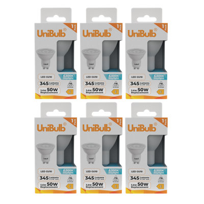 Unibulb Led Gu10 345Lm 3.6W (Replaces 50W) 6500K (Daylight) Spotlight Downlight Light BulbPack Of 6 from B&Q