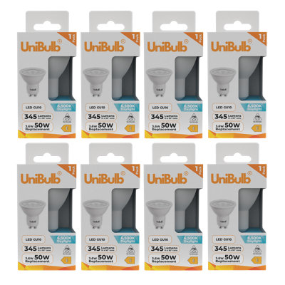 Unibulb Led Gu10 345Lm 3.6W (Replaces 50W) 6500K (Daylight) Spotlight Downlight Light BulbPack Of 8 from B&Q