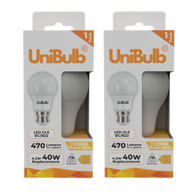 B&Q -  Led Gls B22 (Bc) 470Lm 4.2W (Replaces 40W) 2700K (Warm White) Light BulbPack Of 2