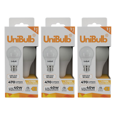 B&Q -  Led Gls B22 (Bc) 470Lm 4.2W (Replaces 40W) 2700K (Warm White) Light BulbPack Of 3