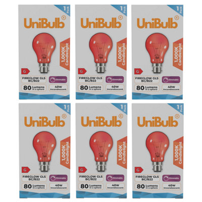 6X Unibulb B22 Gls 40W 1000K Fireglow Red Light BulbPack Of 1 from B&Q