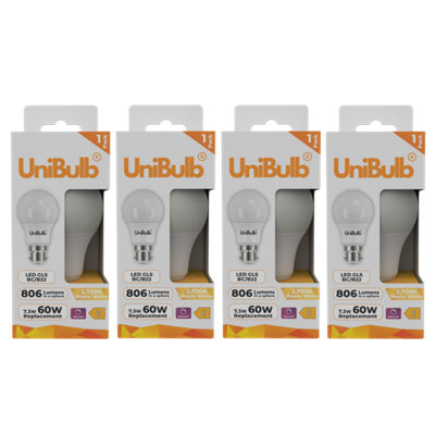 Unibulb Led Gls B22 (Bc) 806Lm 7.3W (Replaces 60W) 2700K (Warm White) Dimmable Light BulbPack Of 4 from B&Q