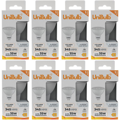 Unibulb Led Mr16 Gu5.3 345Lm 3.4W (Replaces 35W) 4000K (Cool White) Downlight Spot Light BulbPack Of 8 from B&Q