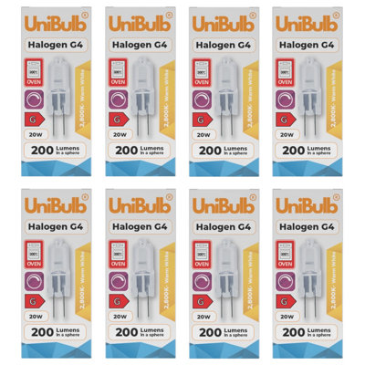 Unibulb Halogen G4 200Lm 20W 2800K (Warm White) Capsule Dimmable Light Bulbs For ChandeliersLamps& OvensPack Of 8 from B&Q