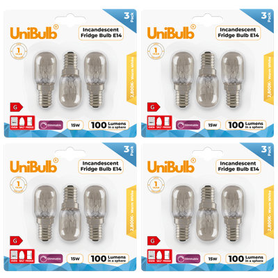 12X Unibulb Pygmy E14 100Lm 15W 2800K (Warm White) Incandescent Dimmable Light Bulbs For FridgeFreezerOven& Salt Lamps from B&Q