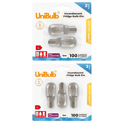 5X Unibulb Pygmy E14 100Lm 15W 2800K (Warm White) Incandescent Dimmable Light Bulbs For FridgeFreezerOven& Salt Lamps from B&Q
