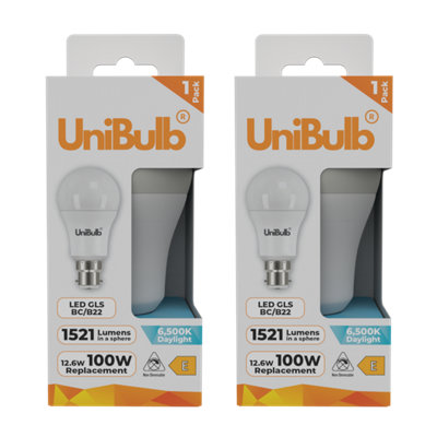 Unibulb Led Gls B22 Bayonet Cap (Bc) 1521Lm 12.6W (Replaces 100W) 6500K (Daylight) Light BulbPack Of 2 from B&Q