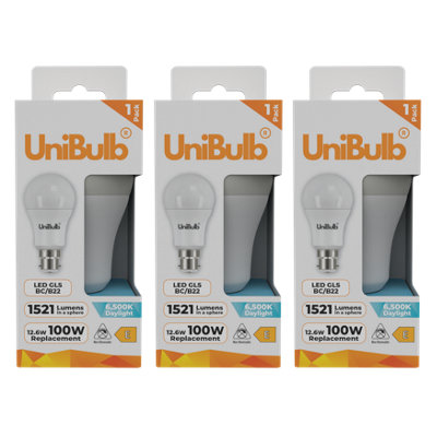 Unibulb Led Gls B22 Bayonet Cap (Bc) 1521Lm 12.6W (Replaces 100W) 6500K (Daylight) Light BulbPack Of 3 from B&Q