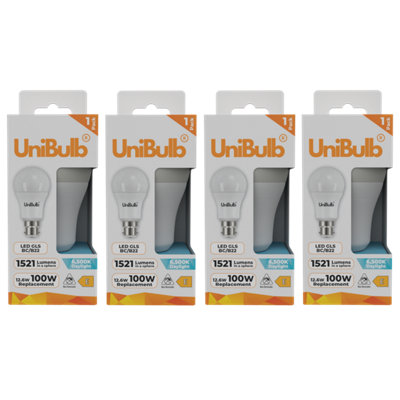 Unibulb Led Gls B22 Bayonet Cap (Bc) 1521Lm 12.6W (Replaces 100W) 6500K (Daylight) Light BulbPack Of 4 from B&Q