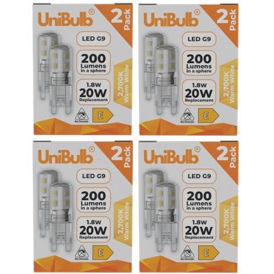 Unibulb Led G9 200Lm 1.8W (Replaces 20W) 2700K (Warm White) Capsule Light BulbPack Of 8 from B&Q