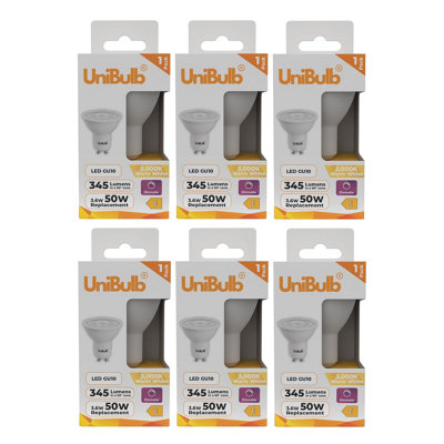 Unibulb Led Gu10 345Lm 3.6W (Replaces 50W) 3000K (Warm White) Dimmable Spotlight Downlight Light BulbPack Of 6 from B&Q