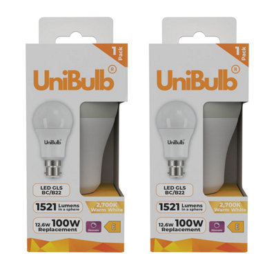 Unibulb Led Gls B22 Bayonet Cap (Bc) 1521Lm 12.6W (Replaces 100W) 2700K (Warm White) Dimmable Light BulbPack Of 2 from B&Q