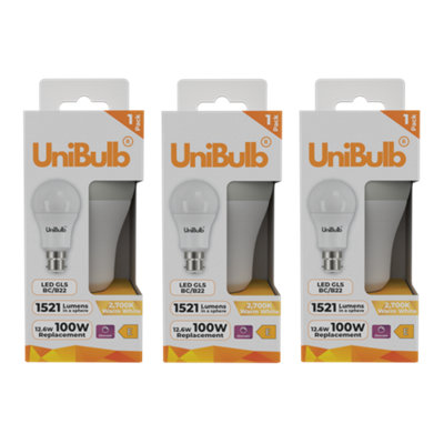 Unibulb Led Gls B22 Bayonet Cap (Bc) 1521Lm 12.6W (Replaces 100W) 2700K (Warm White) Dimmable Light BulbPack Of 3 from B&Q