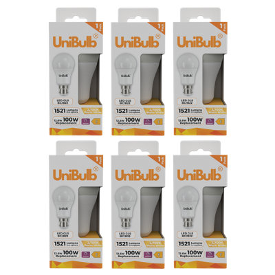 Unibulb Led Gls B22 Bayonet Cap (Bc) 1521Lm 12.6W (Replaces 100W) 2700K (Warm White) Dimmable Light BulbPack Of 6 from B&Q