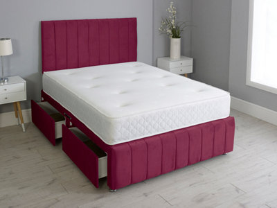 Comfy Deluxe 4Ft6 Double Panel Maroon Plush Divan Bed Set Headboard & Footboard 4 Drawers from B&Q