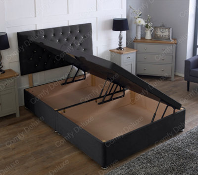 Comfy Deluxe 3Ft Side Lift Black Plush Velvet Ottoman Divan Base With Chesterfield Headboard from B&Q