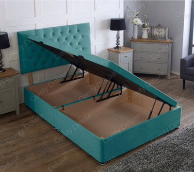 Comfy Deluxe 4Ft Side Lift Green Plush Velvet Ottoman Divan Base With Chesterfield Headboard from B&Q