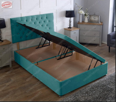 Comfy Deluxe 4Ft6 Side Lift Green Plush Velvet Ottoman Divan Base With Chesterfield Headboard from B&Q