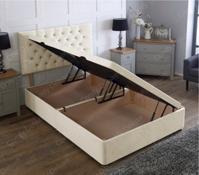 Comfy Deluxe 3Ft Side Lift Cream Plush Velvet Ottoman Divan Base With Chesterfield Headboard from B&Q
