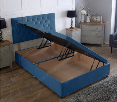 Comfy Deluxe 3Ft Side Lift Blue Plush Velvet Ottoman Divan Base With Chesterfield Headboard from B&Q