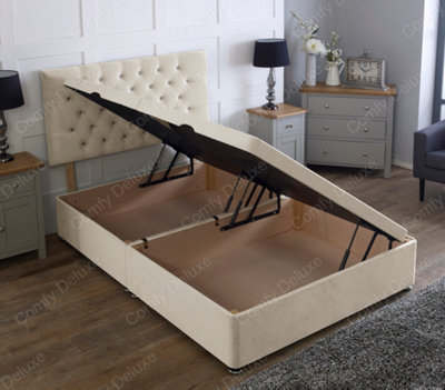 Comfy Deluxe 4Ft Side Lift Coffee Plush Velvet Ottoman Divan Base With Chesterfield Headboard from B&Q