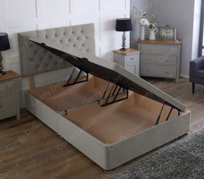 Comfy Deluxe 4Ft Side Lift Grey Plush Velvet Ottoman Divan Base With Chesterfield Headboard from B&Q