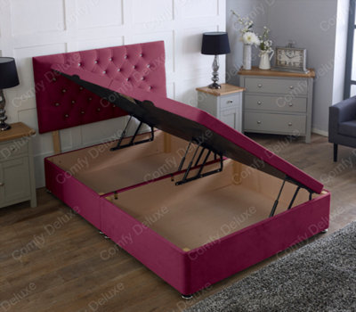 Comfy Deluxe 4Ft6 Side Lift Maroon Plush Velvet Ottoman Divan Base With Chesterfield Headboard from B&Q