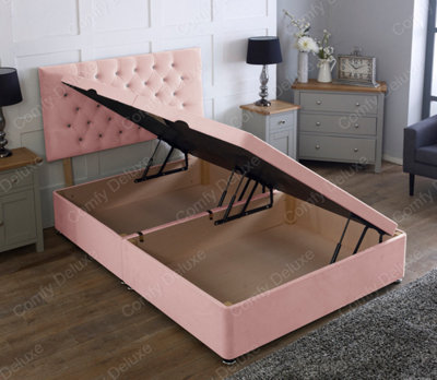 Comfy Deluxe 4Ft Side Lift Pink Plush Velvet Ottoman Divan Base With Chesterfield Headboard from B&Q