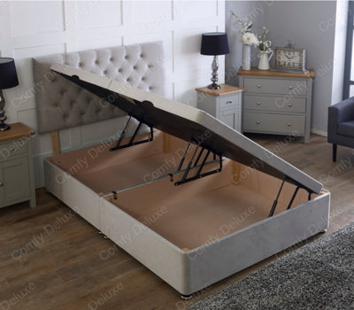 Comfy Deluxe 4Ft Side Lift Silver Plush Velvet Ottoman Divan Base With Chesterfield Headboard from B&Q