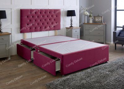 Comfy Deluxe 3Ft Maroon Plush   Single Divan Bed Base With Headboard 2 Drawers Same Side from B&Q