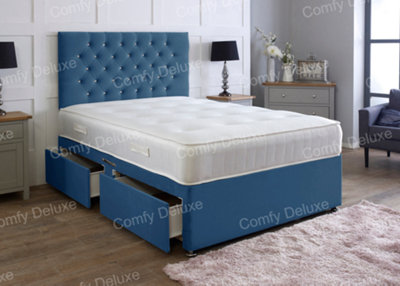 Comfy Deluxe Blue Plush 3Ft Single Divan Bed With Mattress And Headboard No Drawers from B&Q
