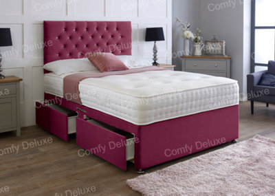 Comfy Deluxe 3Ft Single Maroon  Plush Velvet Pocket Divan Bed & Chesterfield Headboard No Drawers from B&Q