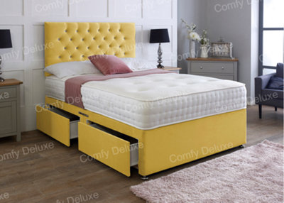 Comfy Deluxe 3Ft Single Mustard    Plush Velvet Pocket Divan Bed & Chesterfield Headboard No Drawers from B&Q