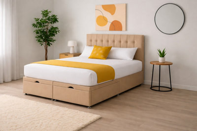 B&Q -  4Ft6 Double Mink Plush Florence Ottoman Lift Open Storage Bed Set Headboard With Mattress