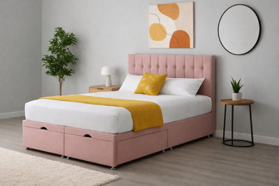 B&Q -  4Ft6 Double Pink Plush Florence Ottoman Lift Open Storage Bed Set Headboard With Mattress