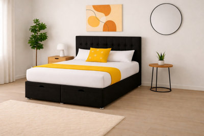 B&Q -  4Ft6 Double Black Plush Florence Ottoman Lift Open Storage Bed Set Headboard With Mattress