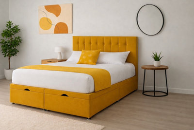 B&Q -  4Ft6 Double Mustard Plush Florence Ottoman Lift Open Storage Bed Set Headboard With Mattress
