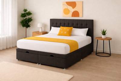 B&Q -  4Ft6 Double Grey Plush Florence Ottoman Lift Open Storage Bed Set Headboard With Mattress