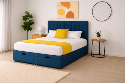 B&Q -  4Ft6 Double Blue Plush Florence Ottoman Lift Open Storage Bed Set Headboard With Mattress