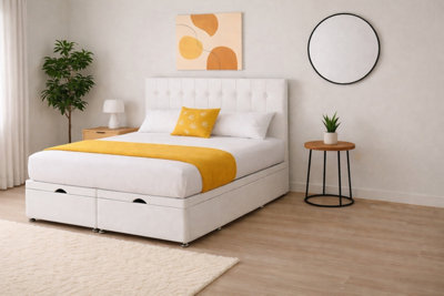 B&Q -  4Ft6 Double White Plush Florence Ottoman Lift Open Storage Bed Set Headboard With Mattress