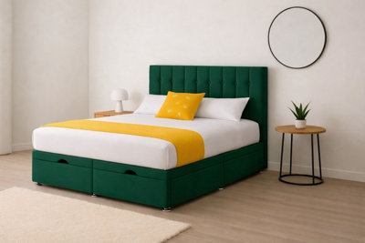 B&Q -  4Ft6 Double Green Plush Florence Ottoman Lift Open Storage Bed Set Headboard With Mattress