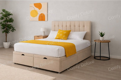 B&Q -  4Ft6 Double Coffee Plush Florence Ottoman Lift Open Storage Bed Set Headboard With Mattress