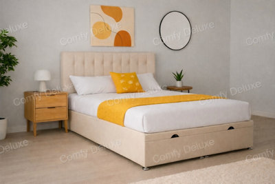 B&Q -  4Ft6 Double Cream Plush Florence Ottoman Lift Open Storage Bed Set Headboard With Mattress