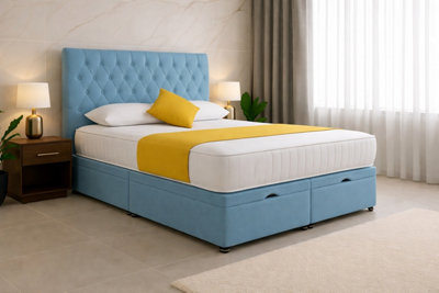 Comfy Deluxe 4Ft Small Sky Blue Plush Cf Chesterfield Ottoman Lift Open Storage Bed Set Headboard With Mattress from B&Q